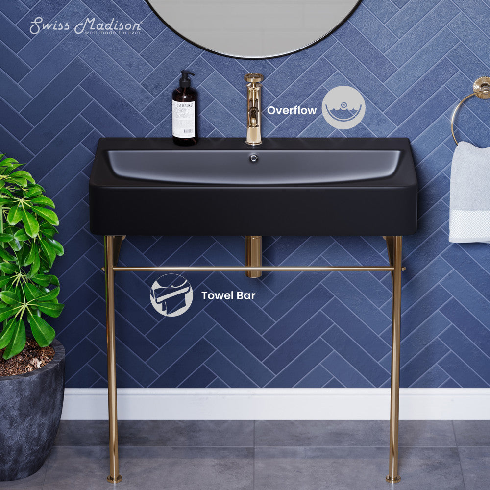 Swiss Madison Carre 36 Ceramic Console Sink Matte Black Basin Gold Legs