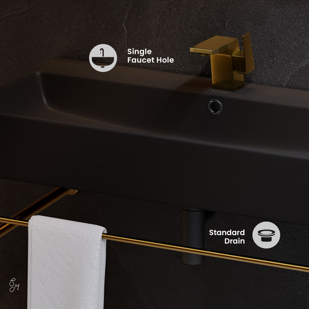 Swiss Madison Carre 36 Ceramic Console Sink Matte Black Basin Brushed Gold Legs