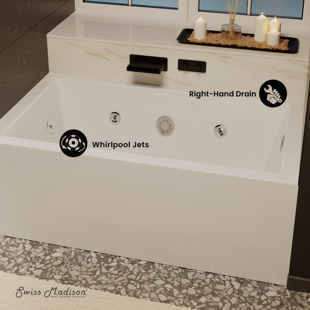 Swiss Madison Avancer 60" x 36" Right-Hand Drain Rectangular Alcove Whirlpool Bathtub with Apron