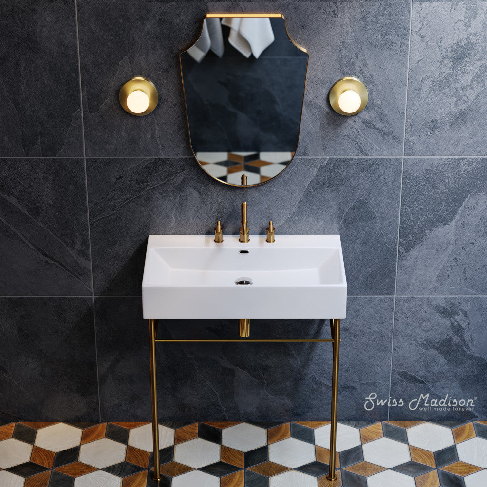 Swiss Madison Claire 30" Console Sink White Basin Brushed Gold Legs with 8" Widespread Holes