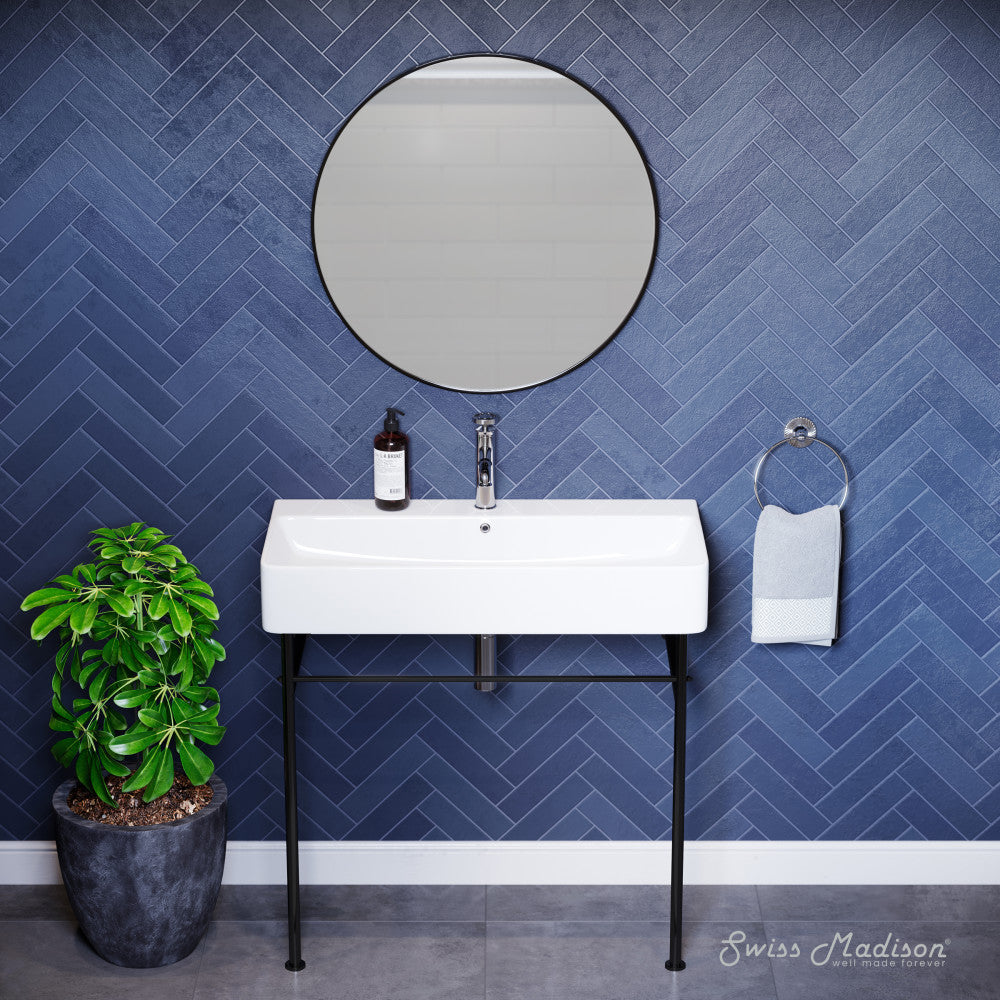 Swiss Madison Carre 36" Ceramic Console Sink White Basin Black Legs