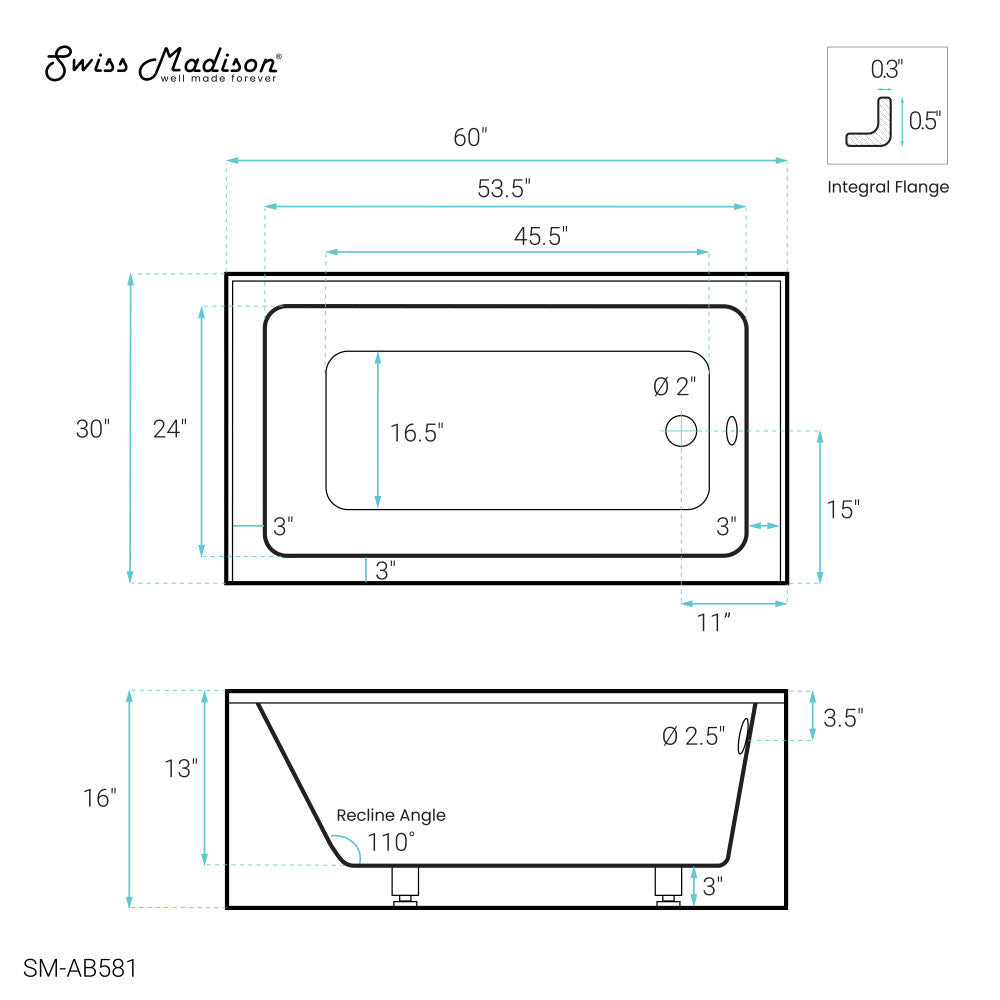 Swiss Madison Virage 60" x 30" Right-Hand Drain Alcove Bathtub with Apron
