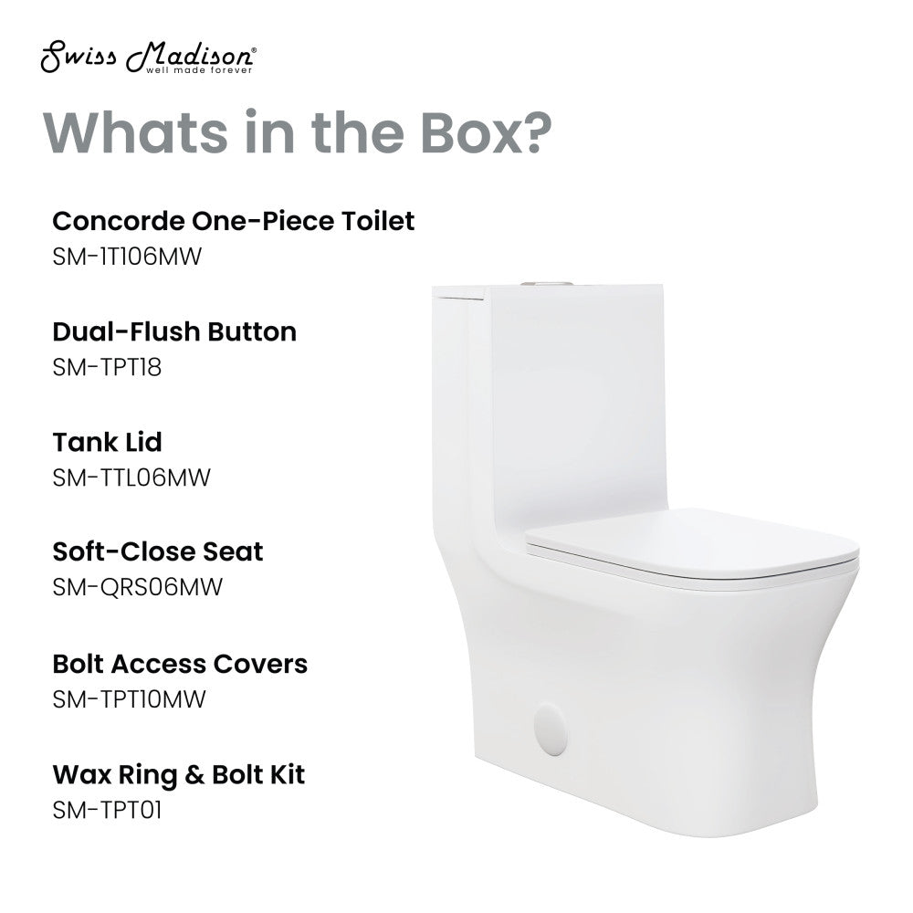 Swiss Madison Concorde One Piece Square Toilet Dual Flush 1.1/1.6 gpf in Matte White