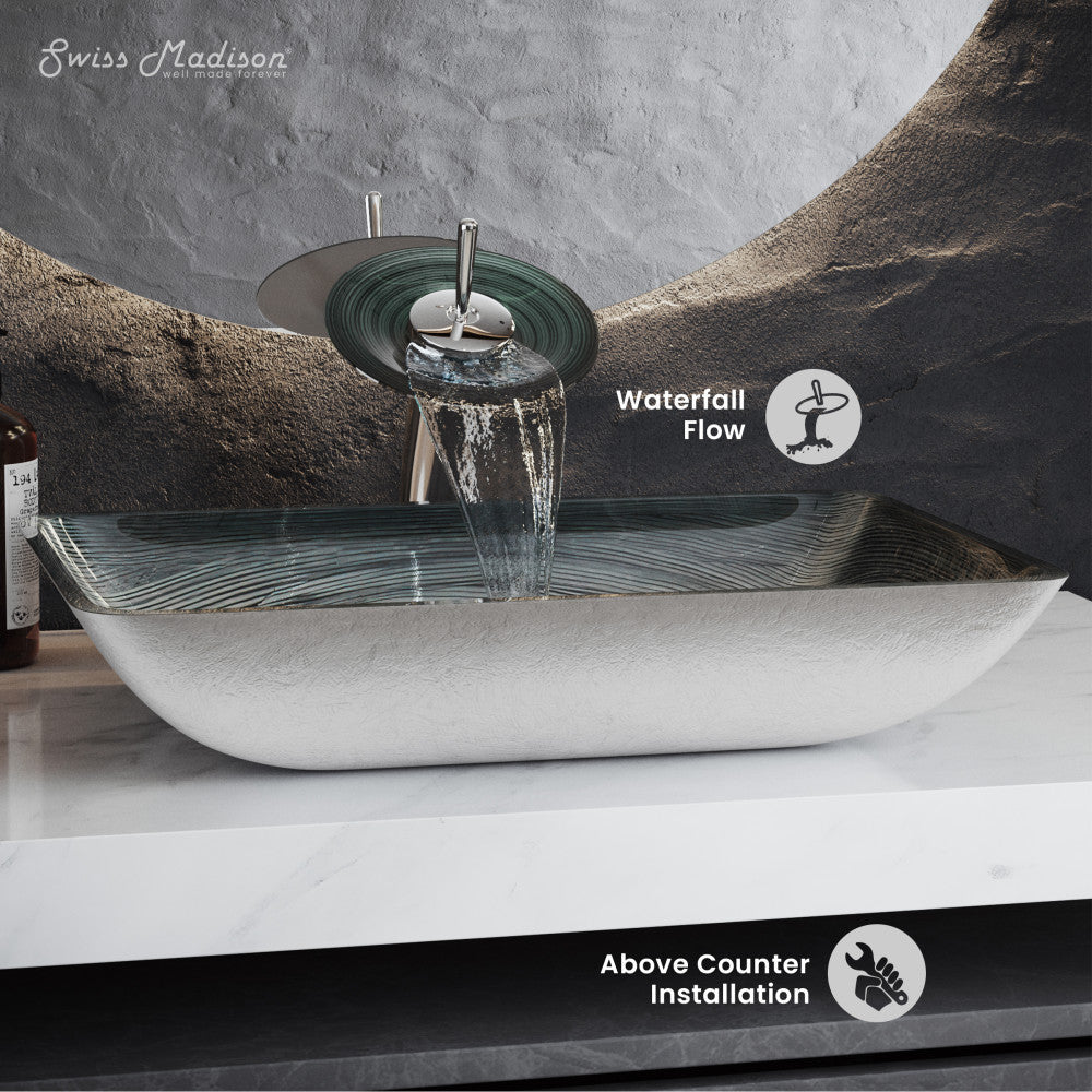 Swiss Madison Cascade Rectangular Glass Vessel Sink with Faucet, Smoky Grey