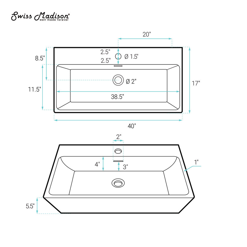 Swiss Madison Claire 40" Rectangle Wall-Mount Bathroom Sink in Matte Black