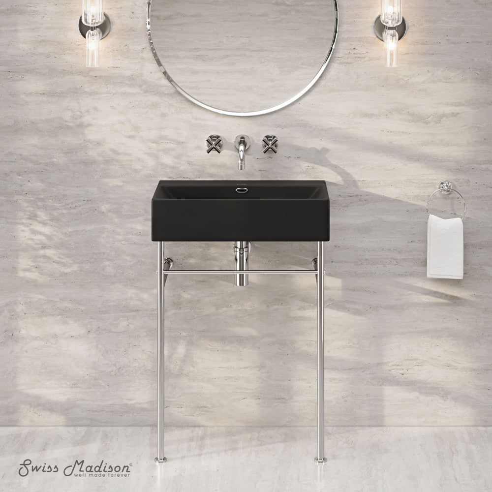 Swiss Madison Claire 24" Rectangle Matte Black Zero Hole Console Sink with Polished Chrome Legs