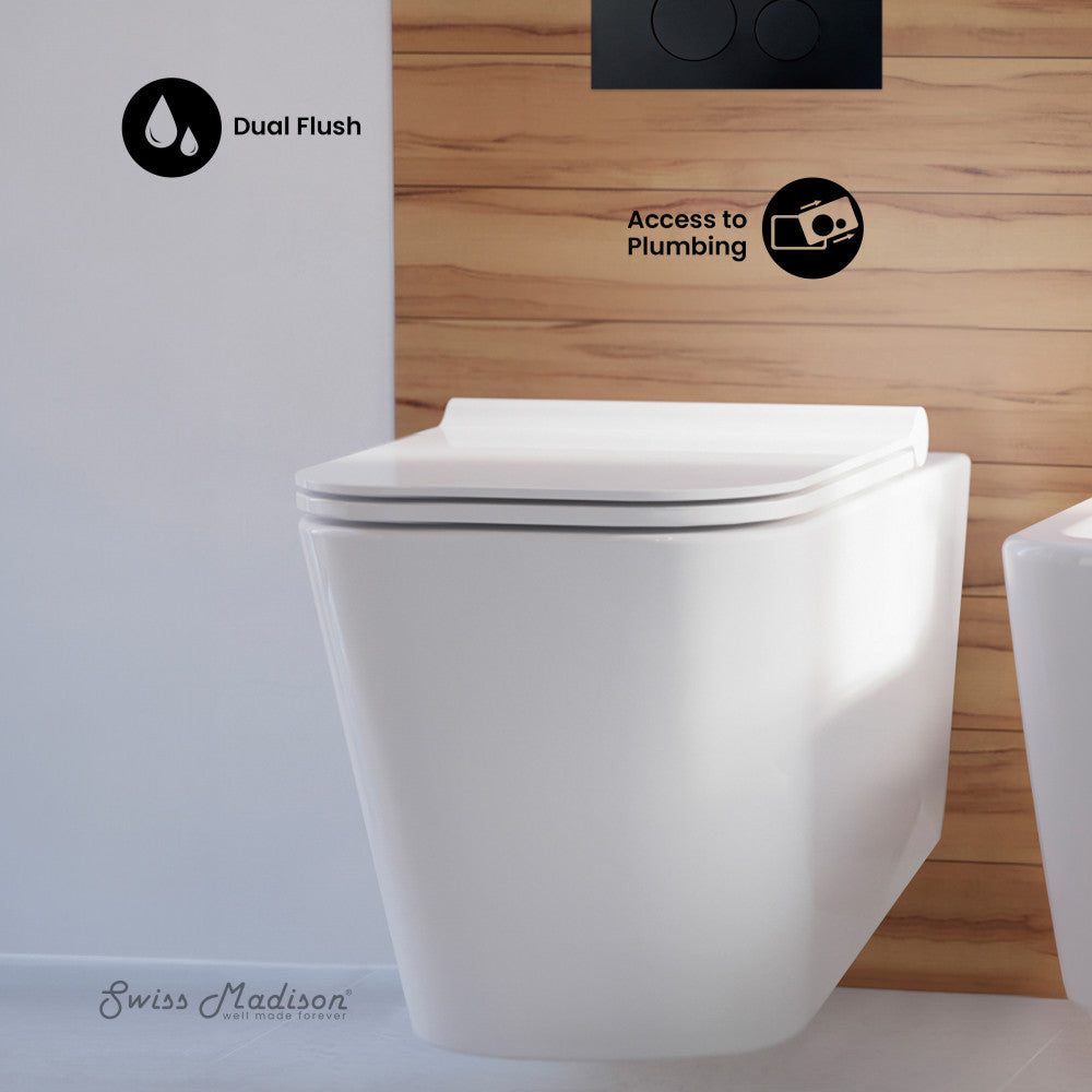 Swiss Madison Concorde Wall-Hung Toilet Bundle 0.8/1.6 GPF Dual Flush in Glossy White with Black Flush Plate