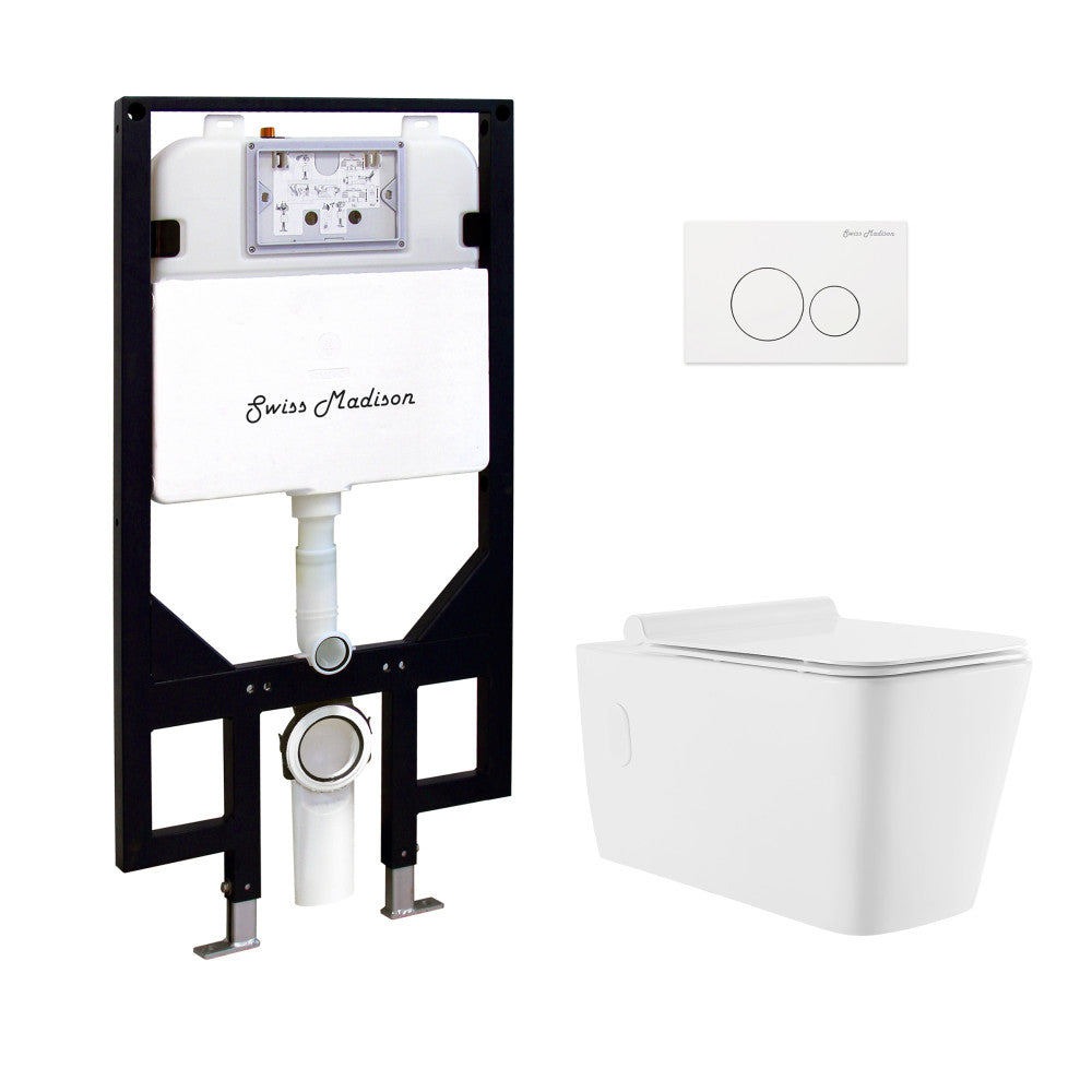 Swiss Madison Concorde Wall-Hung Toilet Bundle 0.8/1.6 GPF Dual Flush in Glossy White with White Flush Plate