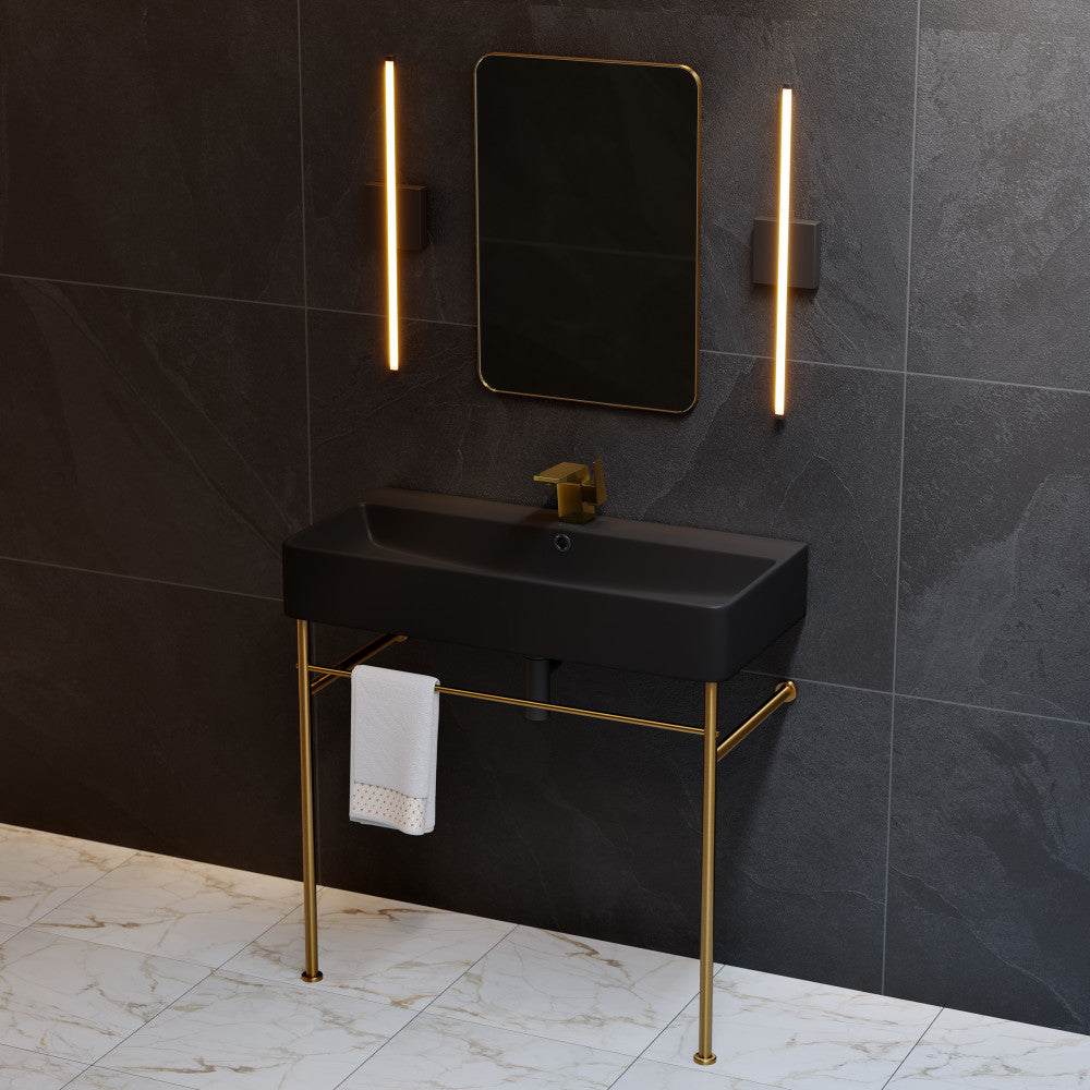 Swiss Madison Carre 36 Ceramic Console Sink Matte Black Basin Brushed Gold Legs