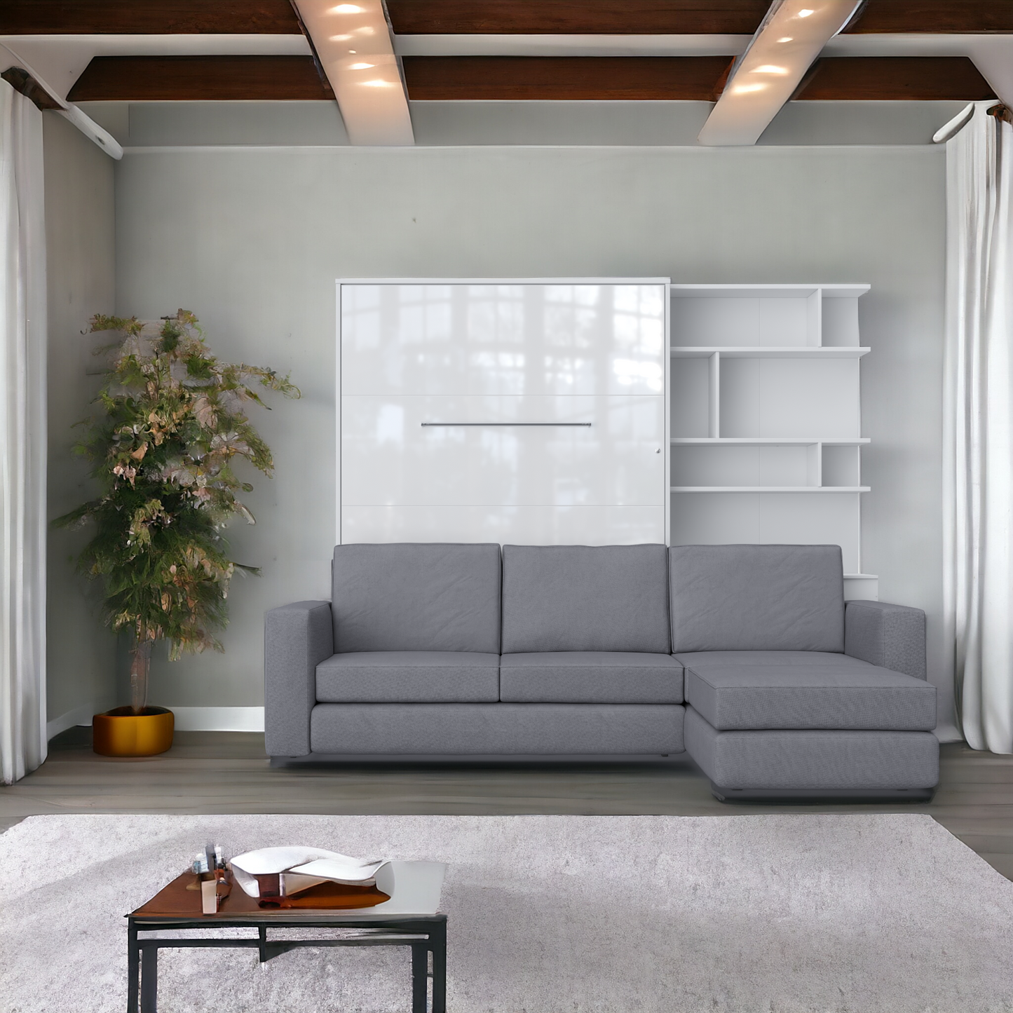 Maxima House Murphy bed Invento European Full XL Vertical with a Sofa and a Bookcase