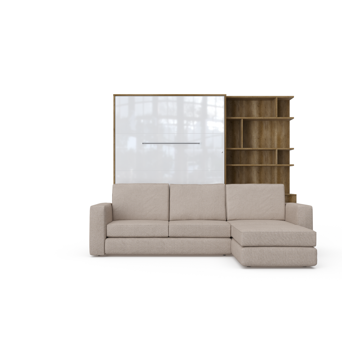 Maxima House Murphy bed European Full XL Vertical with a Sectional Sofa and a Bookcase Invento.