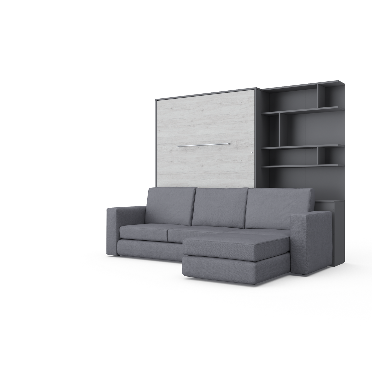 Maxima House Murphy Bed Full XL Vertical with a Sectional Sofa and a Bookcase Invento