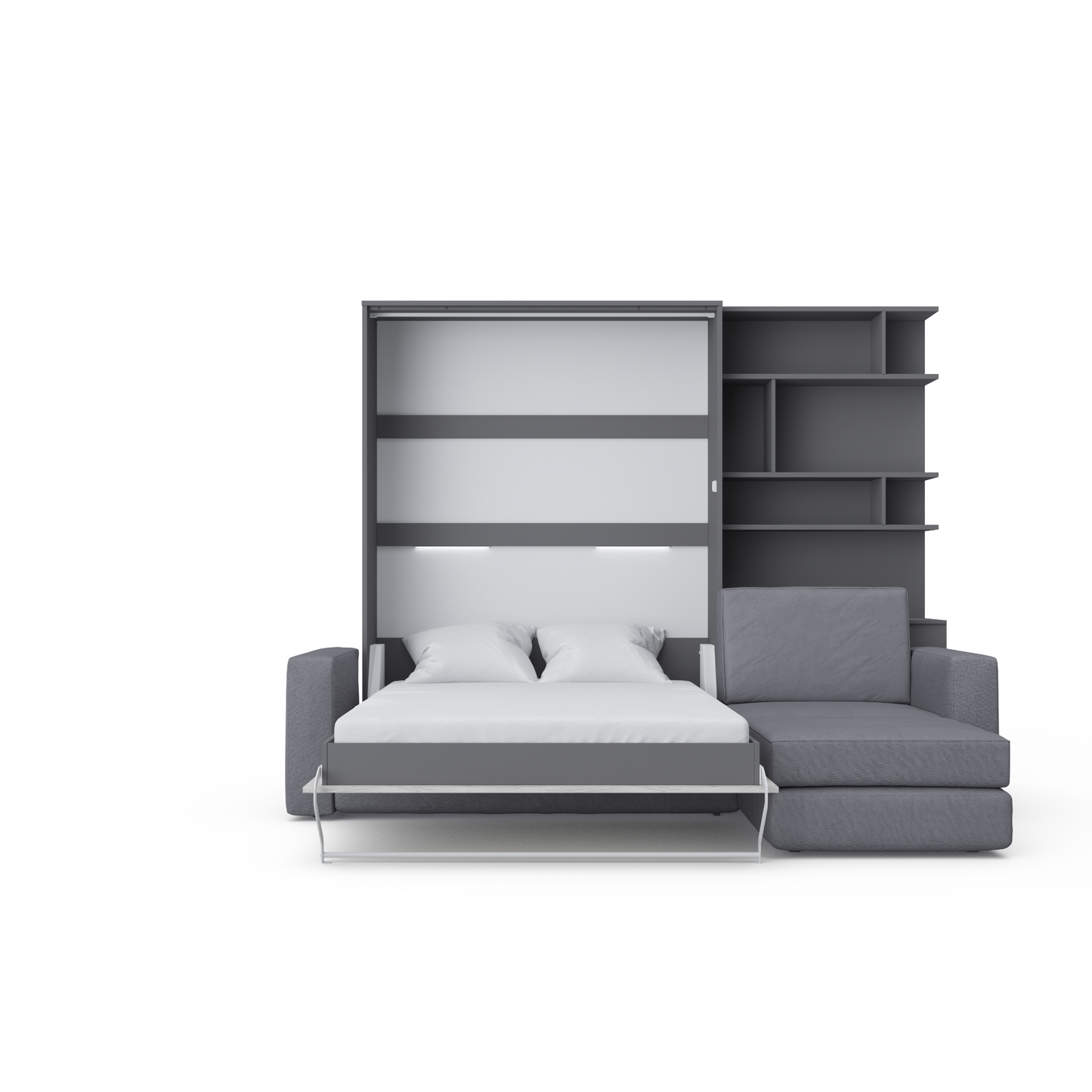Maxima House Murphy Bed Full XL Vertical with a Sectional Sofa and a Bookcase Invento