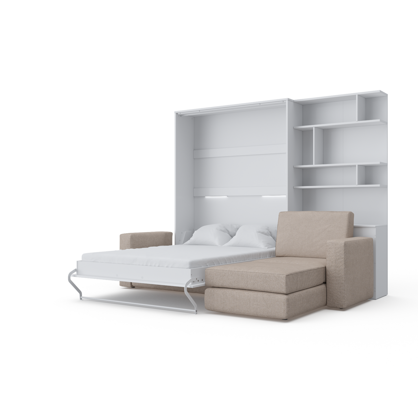 Maxima House Murphy bed INVENTO European Full XL Vertical with a Sectional Sofa and a Bookcase