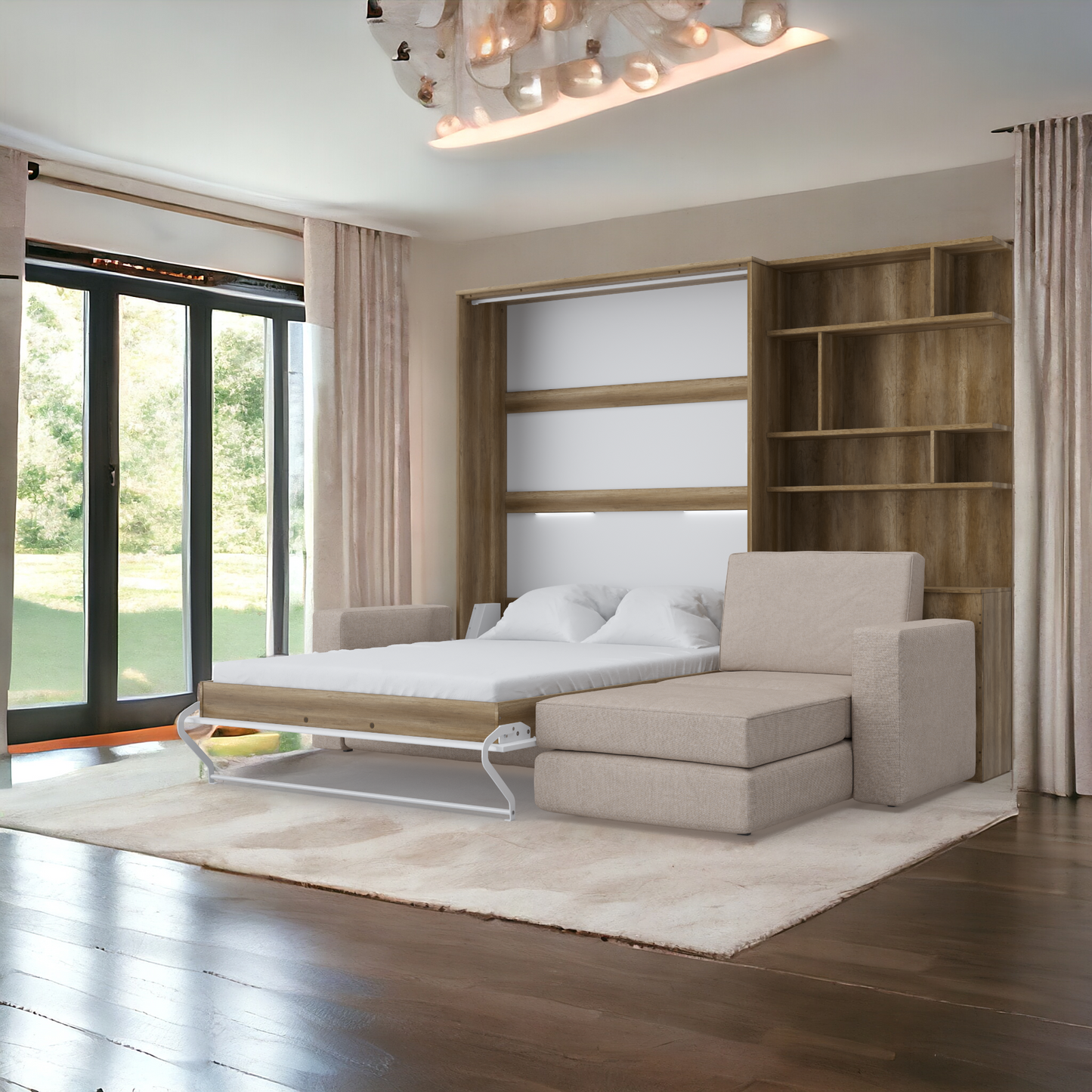 Maxima House Murphy bed European Full XL Vertical with a Sectional Sofa and a Bookcase Invento.