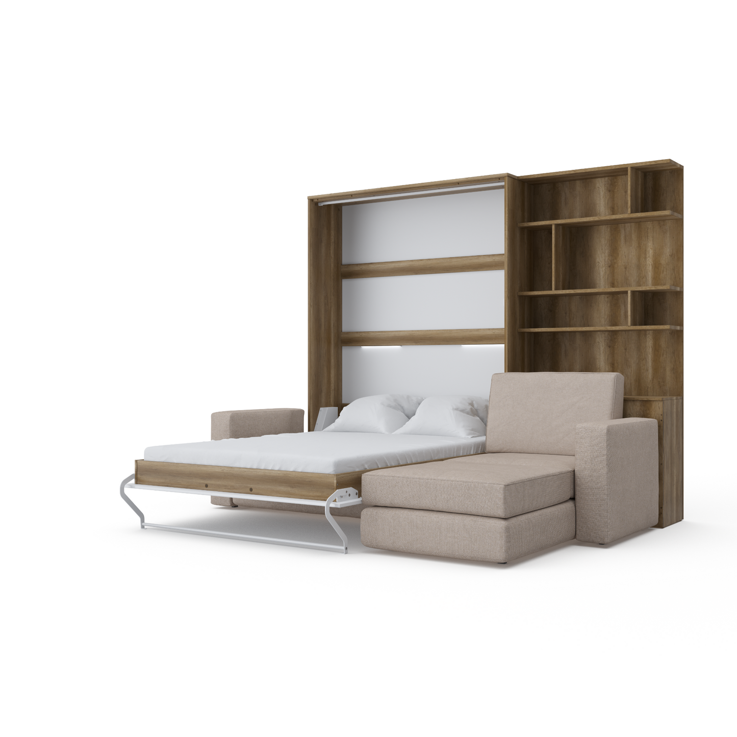 Maxima House Murphy bed European Full XL Vertical with a Sectional Sofa and a Bookcase Invento.