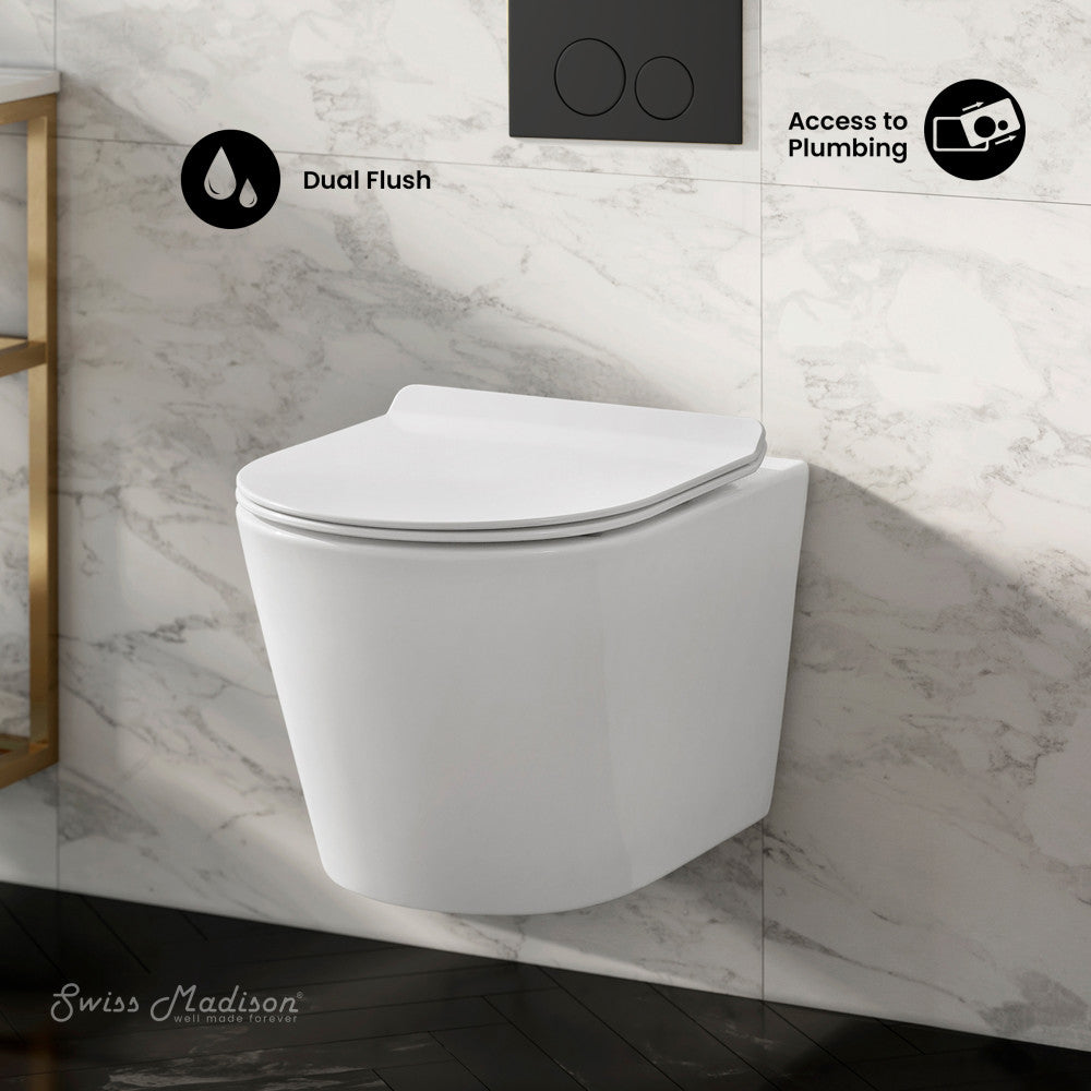 Swiss Madison Calice Wall-Hung Toilet Bundle 0.8/1.6 GPF Dual Flush in Glossy White with Black Flush Plate