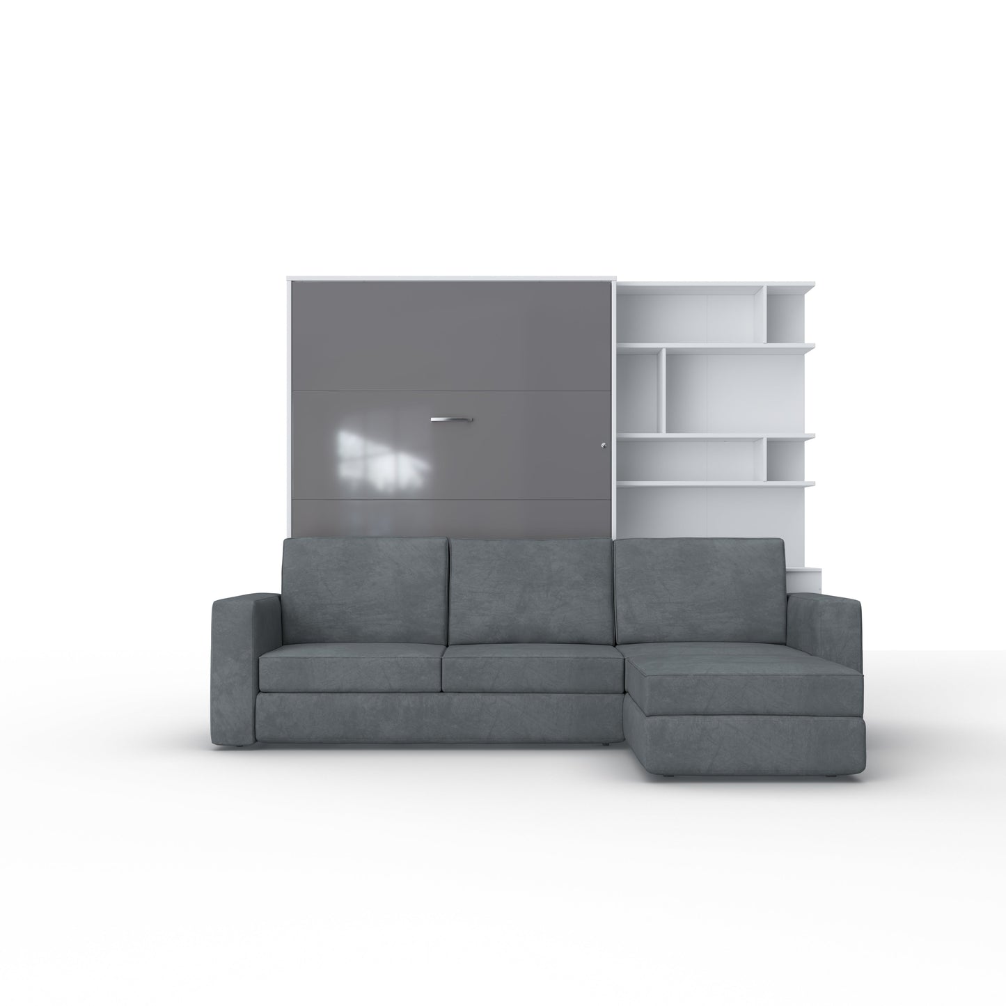 Maxima House Murphy bed European Full XL Vertical with a Sectional Sofa and a Bookcase Invento