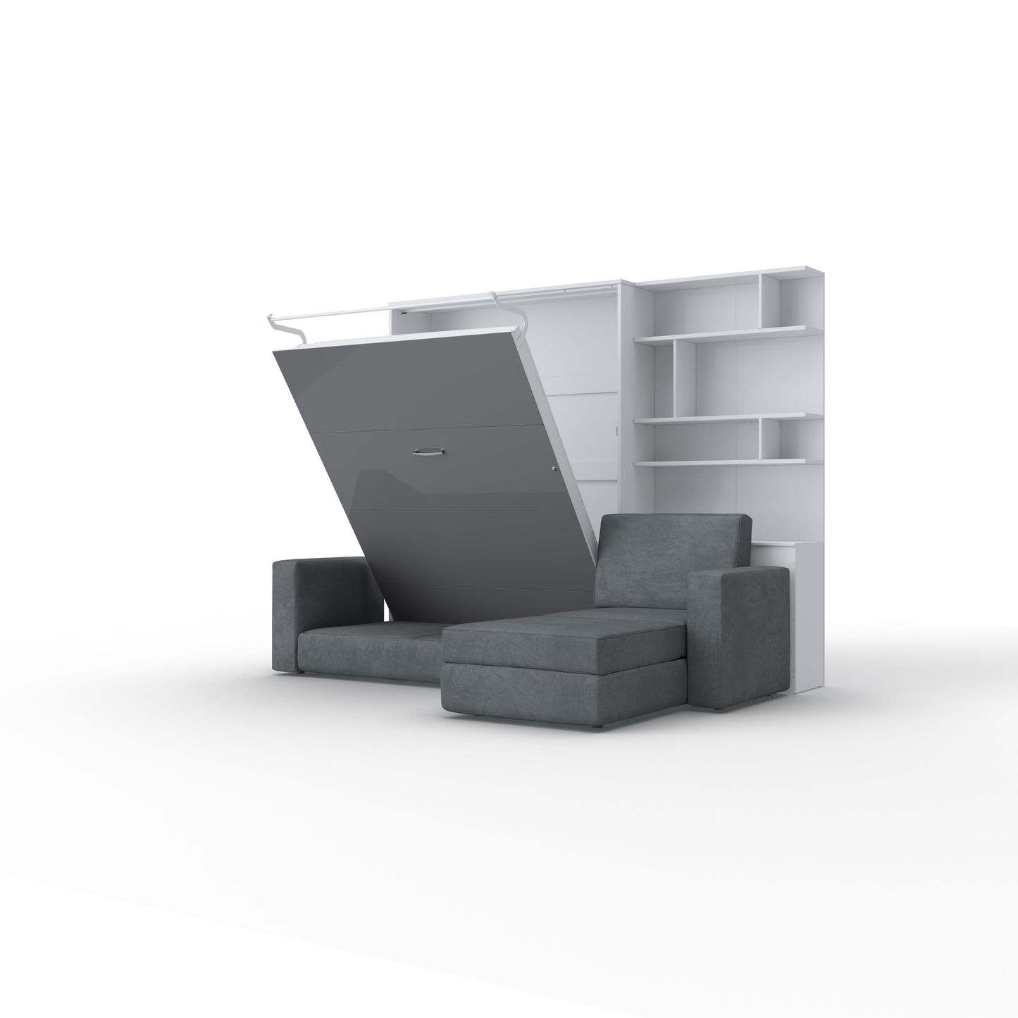 Maxima House Murphy bed European Full XL Vertical with a Sectional Sofa and a Bookcase Invento