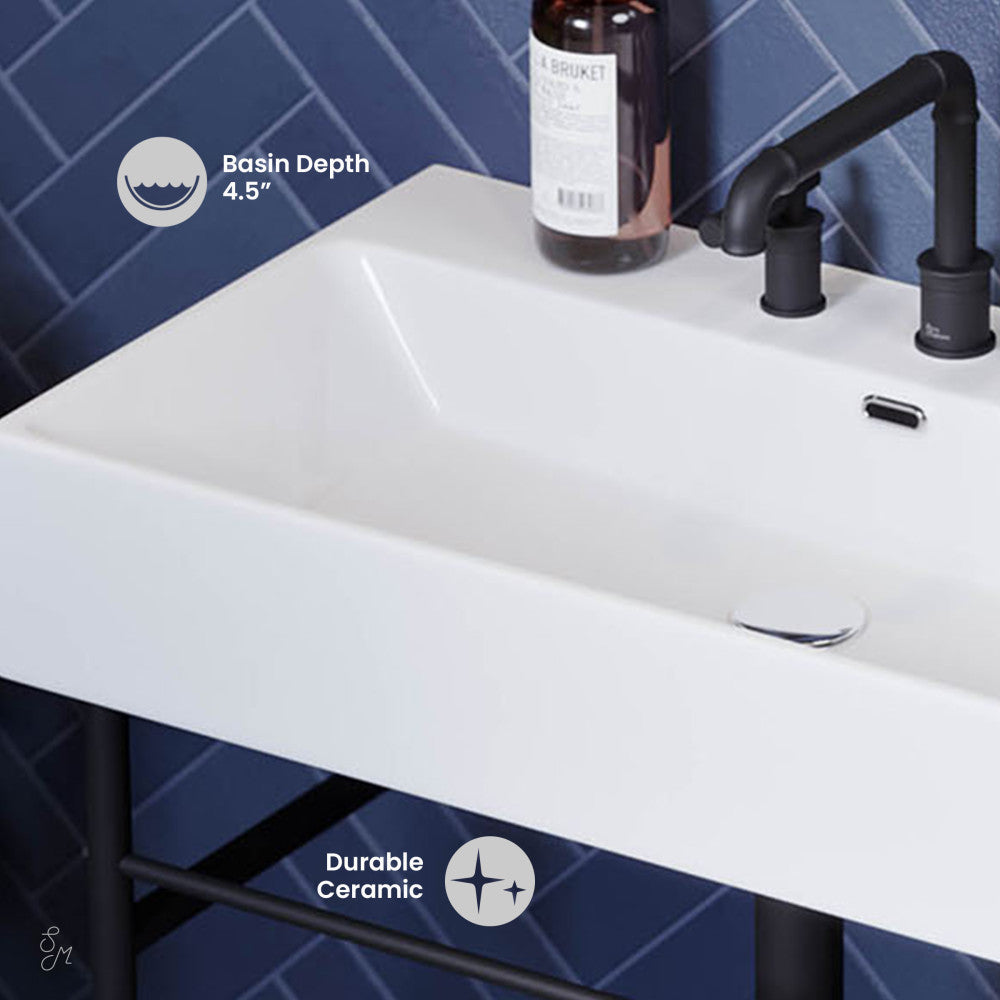 Swiss Madison Claire 30" Console Sink White Basin Black Legs with 8" Widespread Holes