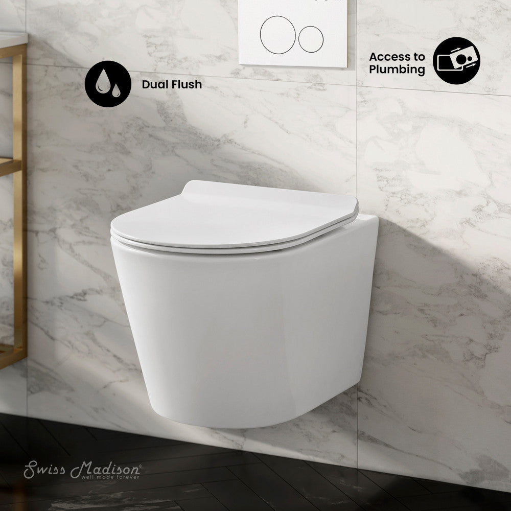 Swiss Madison Calice Wall-Hung Toilet Bundle 0.8/1.6 GPF Dual Flush in Glossy White with White Flush Plate