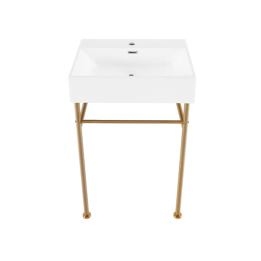 Swiss Madison Claire 24 Ceramic Console Sink White Basin Brushed Gold Legs