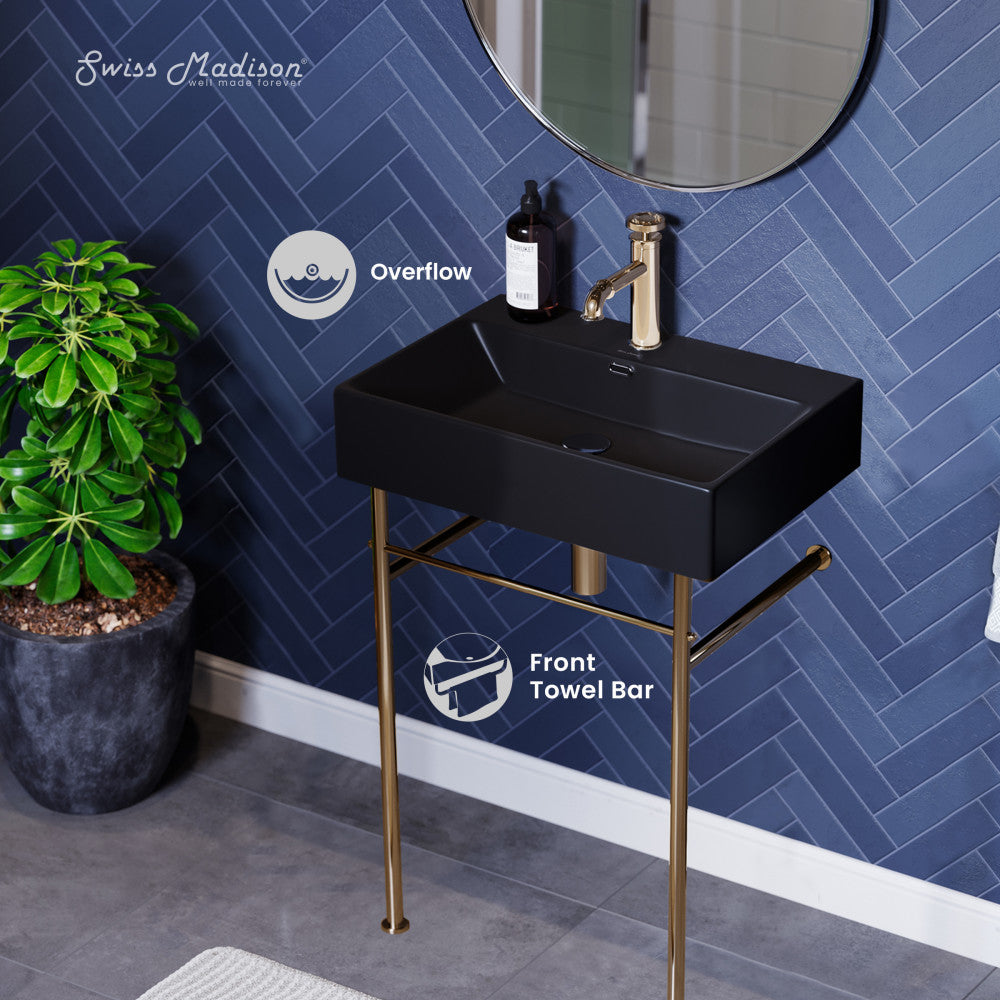 Swiss Madison Claire 24 Ceramic Console Sink Matte Black Basin Gold Legs