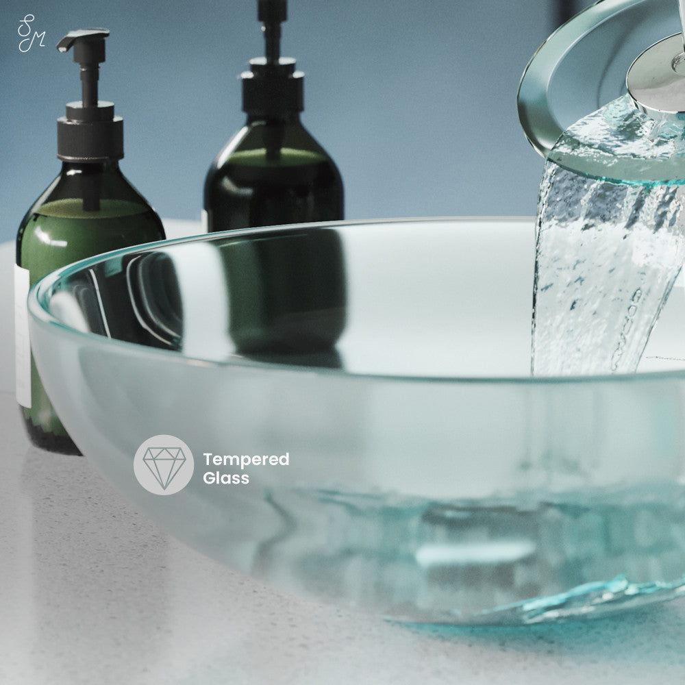 Swiss Madison Cascade 16.5 Glass Vessel Sink with Faucet, Clear