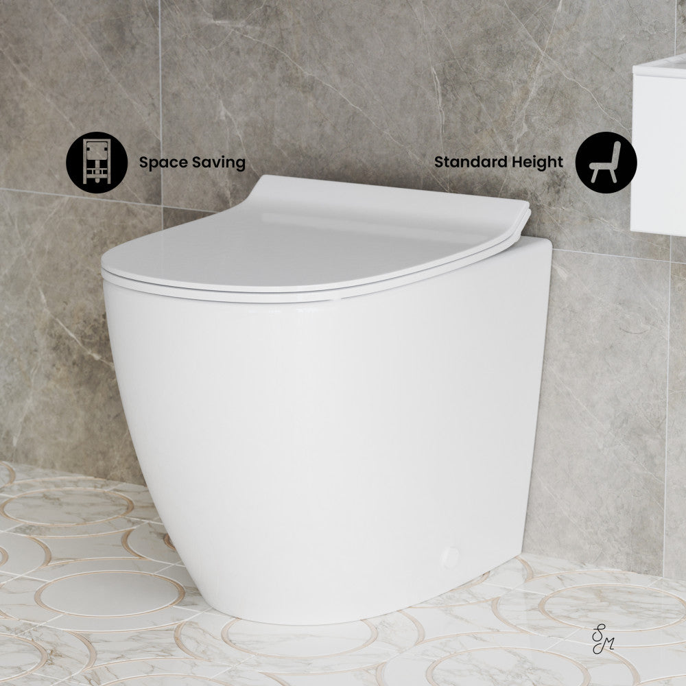 Swiss Madison St. Tropez Back-to-Wall Toilet Bundle 0.8/1.6 GPF Dual Flush in Glossy White with Brass Flush Plate