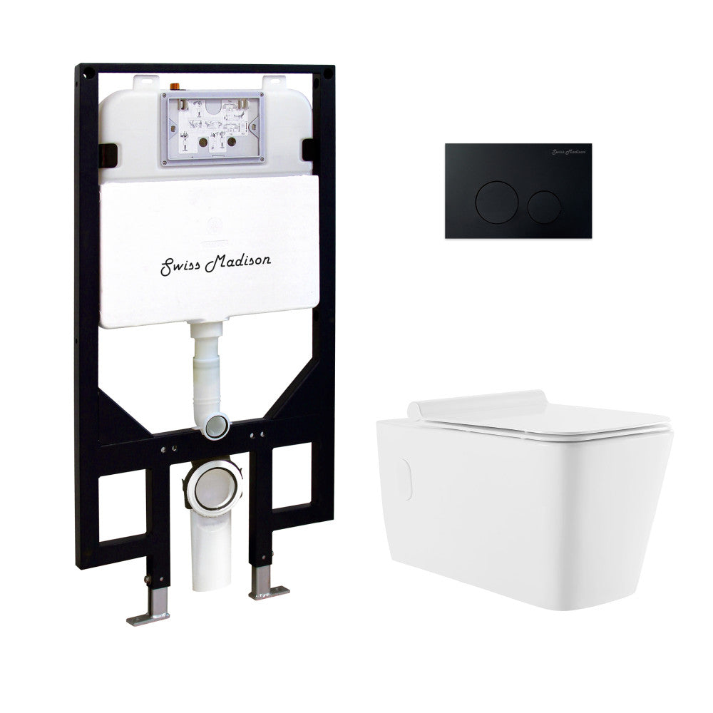 Swiss Madison Concorde Wall-Hung Toilet Bundle 0.8/1.6 GPF Dual Flush in Glossy White with Black Flush Plate