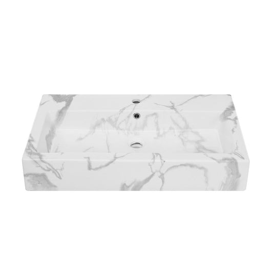 Swiss Madison Voltaire Wide Rectangle Wall Hung Sink in White Marble