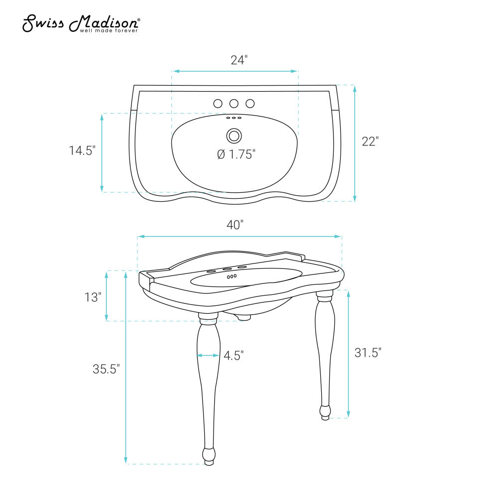 Swiss Madison Santorini 40" Rectangle 3-Hole Widespread Console Sink