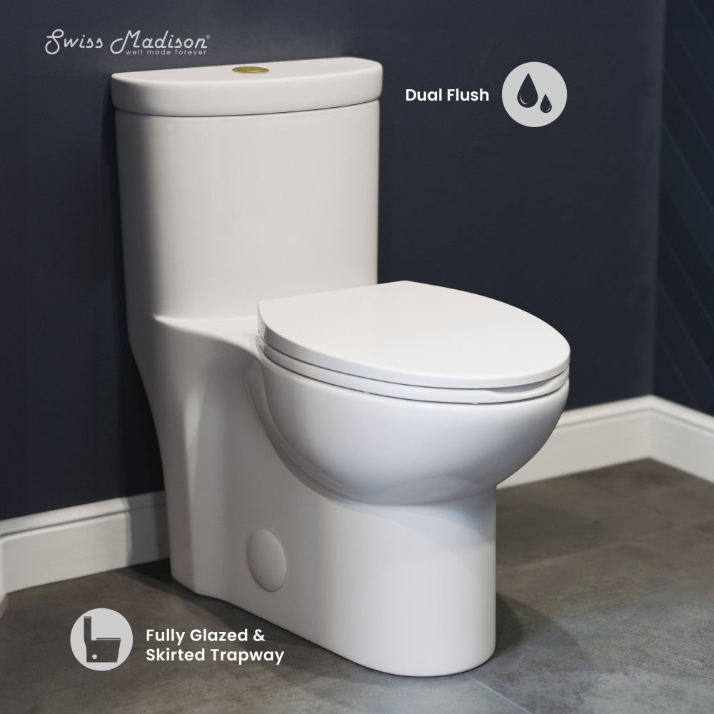 Swiss Madison Sublime One Piece Elongated Toilet Dual Flush, Brushed Gold Hardware 1.1/1.6 gpf