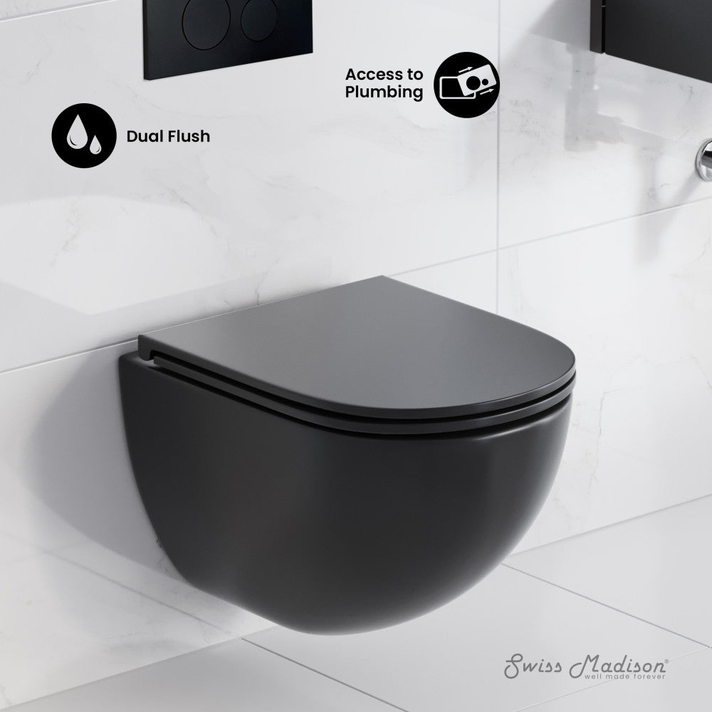 Swiss Madison St. Tropez Wall-Hung Toilet Bundle 0.8/1.6 GPF Dual Flush in Matte Black with Black Flush Plate
