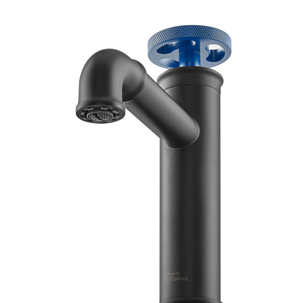 Swiss Madison Avallon Single Hole, Single-Handle Wheel, Bathroom Faucet in Matte Black with Blue Handle