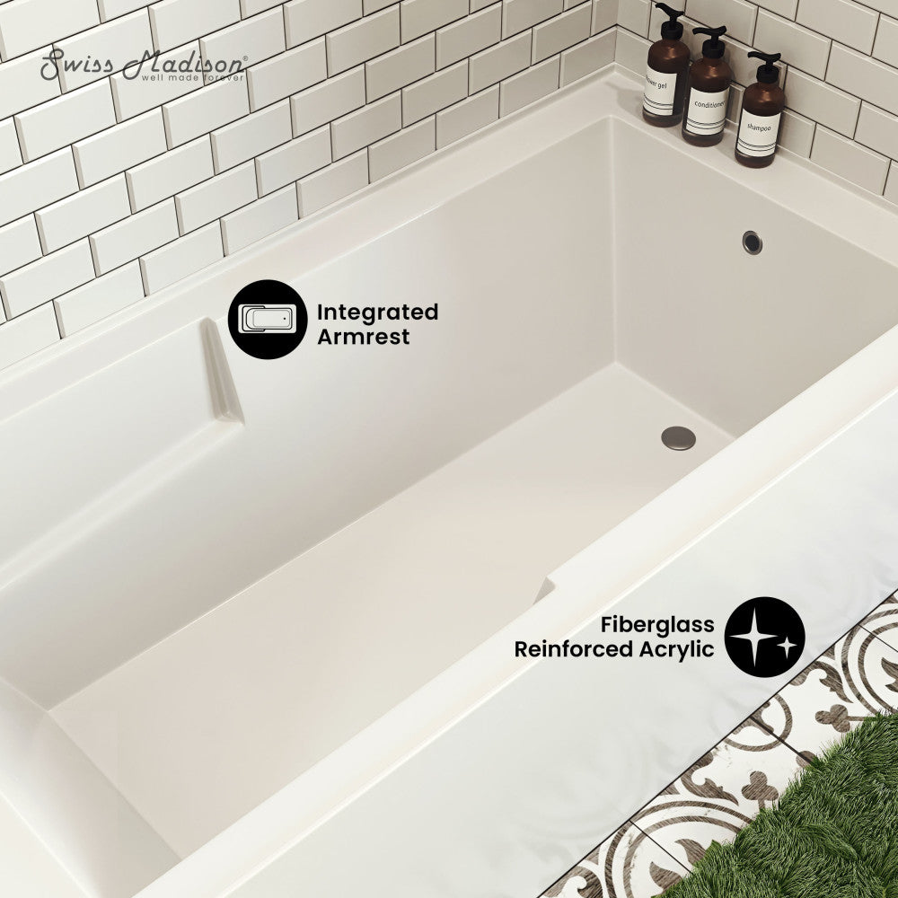 Swiss Madison Voltaire 72" x 36" Left-Hand Drain Alcove Bathtub with Apron and Armrest