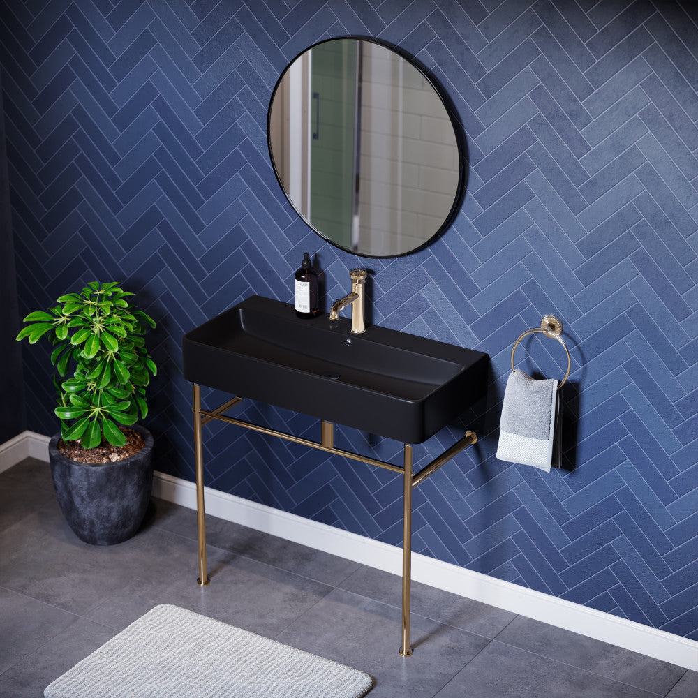 Swiss Madison Carre 36 Ceramic Console Sink Matte Black Basin Gold Legs