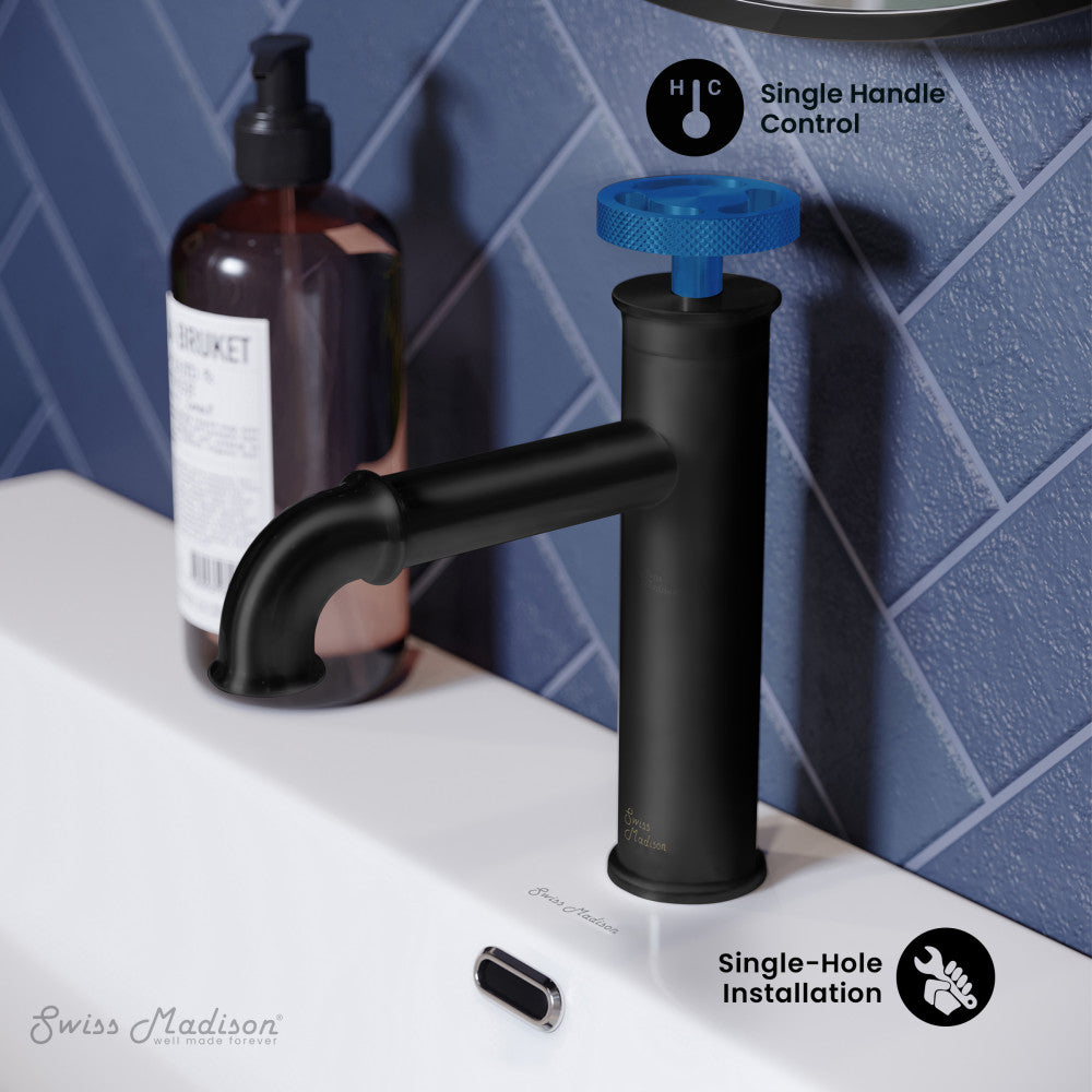 Swiss Madison Avallon Single Hole, Single-Handle Wheel, Bathroom Faucet in Matte Black with Blue Handle