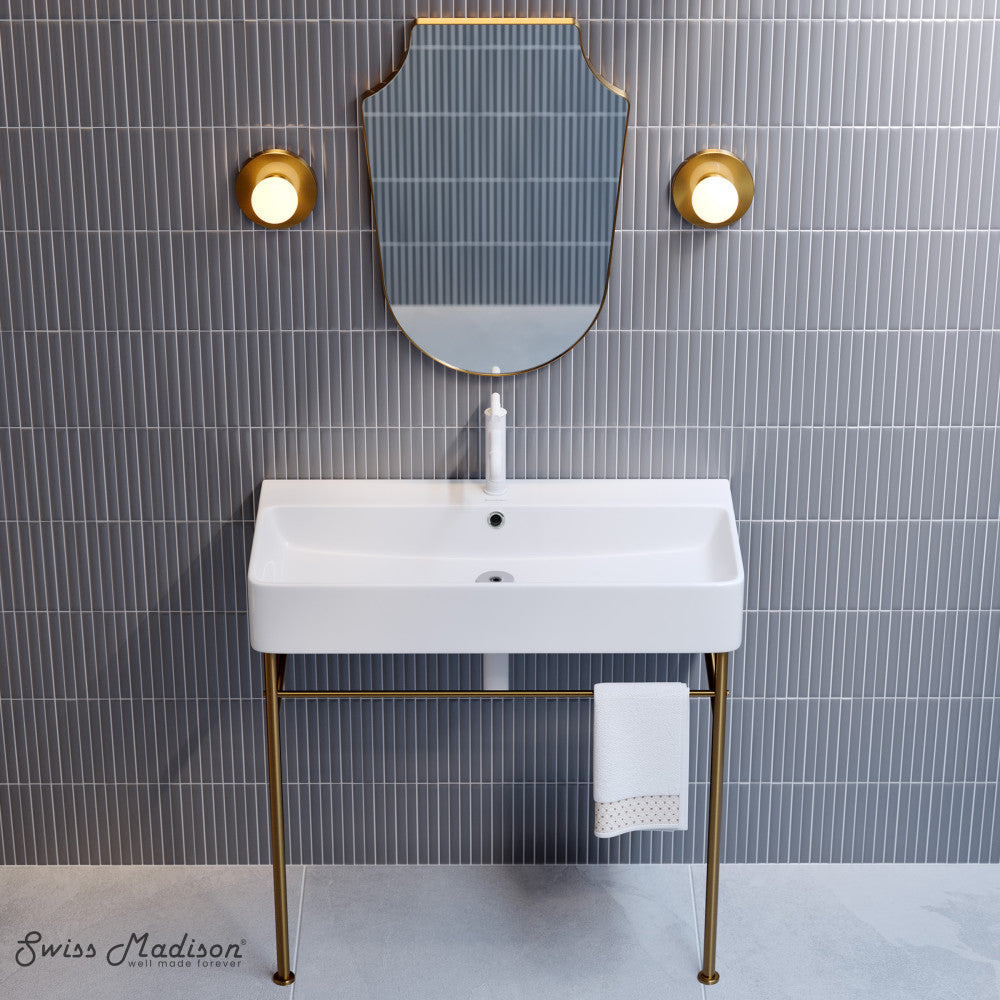 Swiss Madison Carre 36 Ceramic Console Sink White Basin Brushed Gold Legs