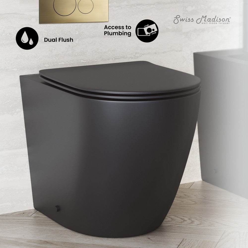 Swiss Madison St. Tropez Back-to-Wall Toilet Bundle 0.8/1.6 GPF Dual Flush in Matte Black with Brass Flush Plate