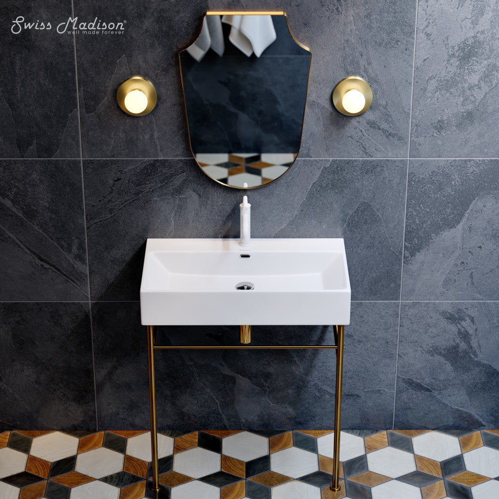 Swiss Madison Claire 30 Ceramic Console Sink White Basin Brushed Gold Legs