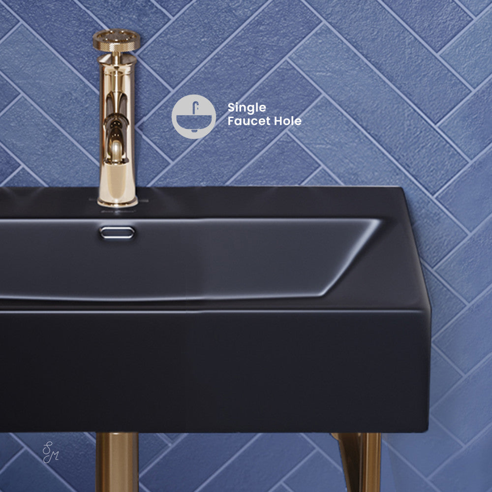 Swiss Madison Claire 24 Ceramic Console Sink Matte Black Basin Gold Legs