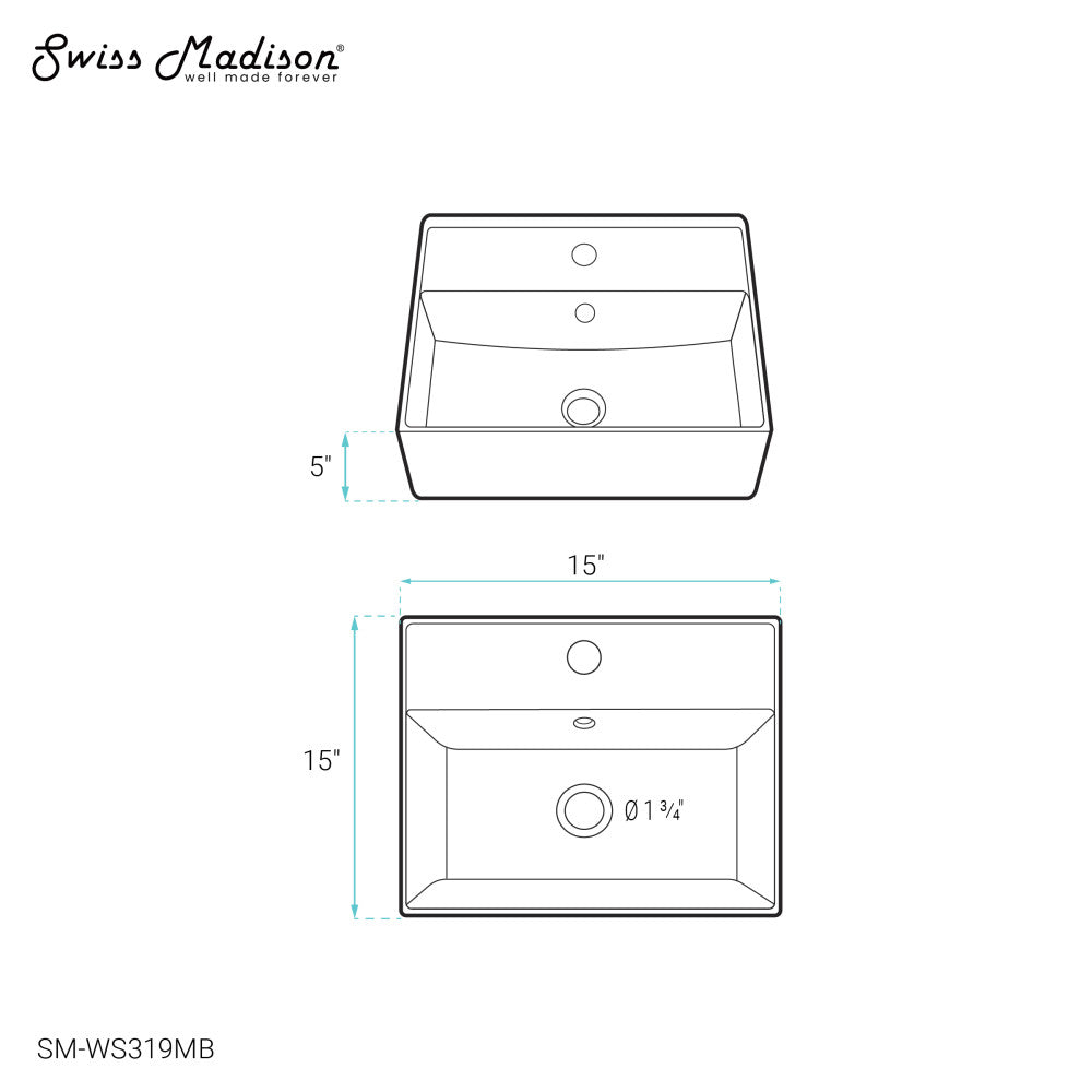 Swiss Madison Claire 15" Ceramic Wall Mount Sink in Matte Black