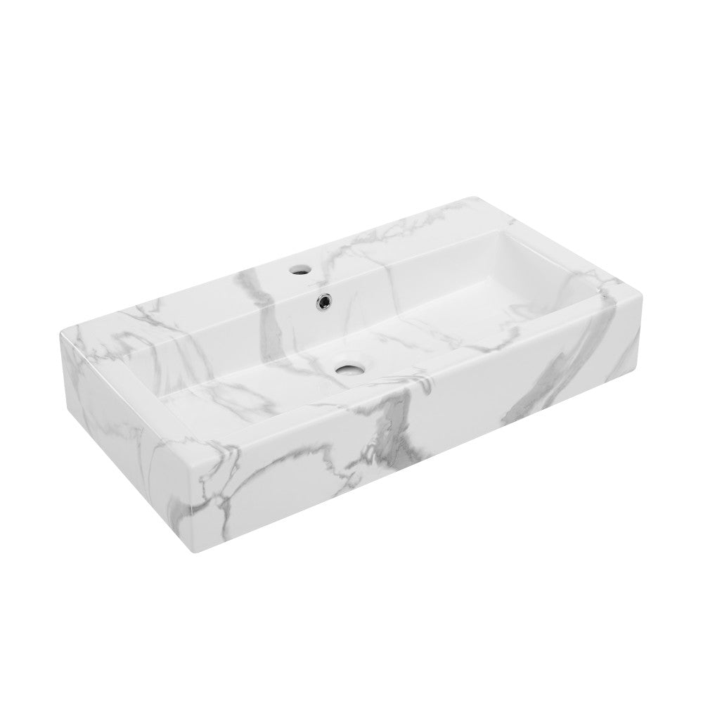 Swiss Madison Voltaire Wide Rectangle Vessel Sink in White Marble
