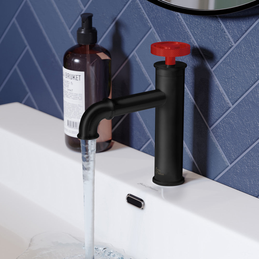 Swiss Madison Avallon Single Hole, Single-Handle, Bathroom Faucet in Matte Black with Red Handle