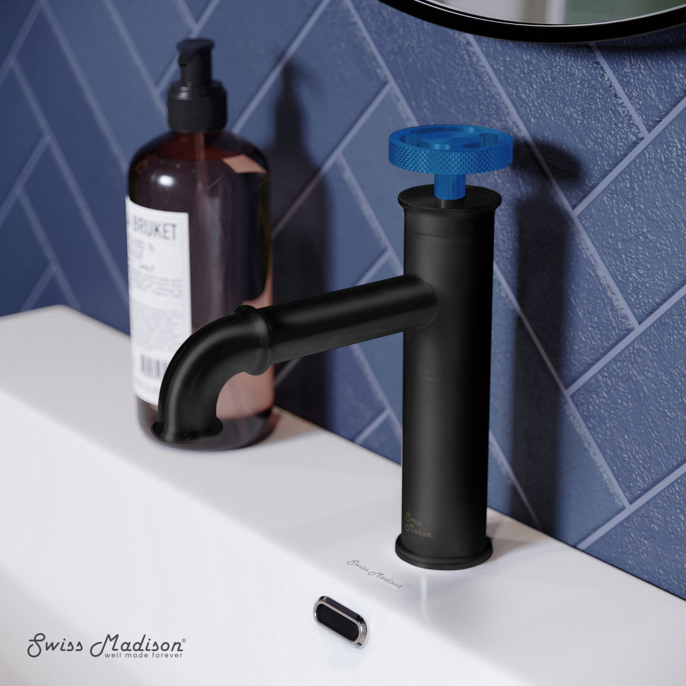 Swiss Madison Avallon Single Hole, Single-Handle Wheel, Bathroom Faucet in Matte Black with Blue Handle