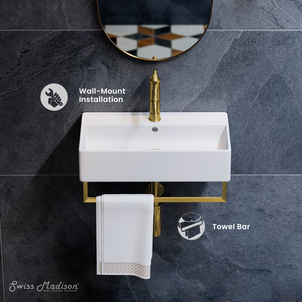 Swiss Madison Claire 22" Wall-Mount Bathroom Sink with Brushed Gold Towel Bar