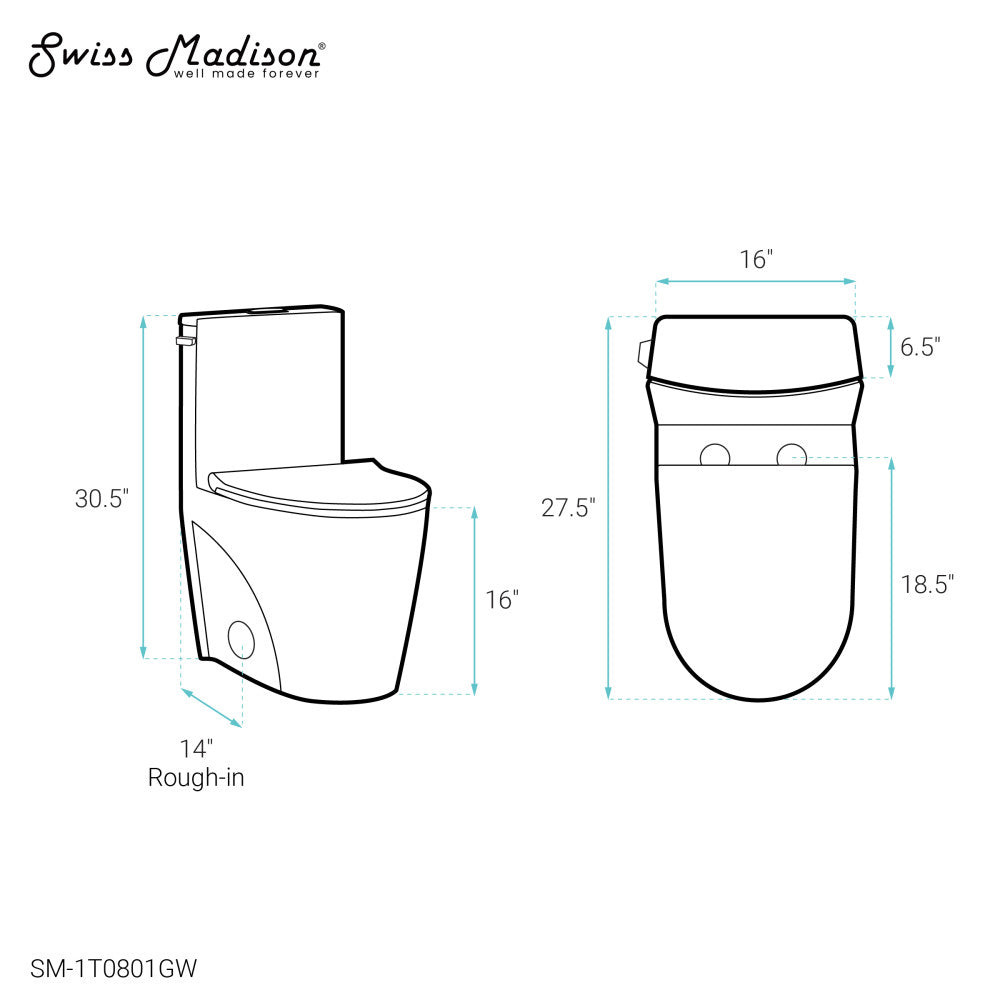 Swiss Madison St. Tropez One-Piece 14" Rough-in 1.28 GPF Left Flush Elongated Toilet in Glossy White