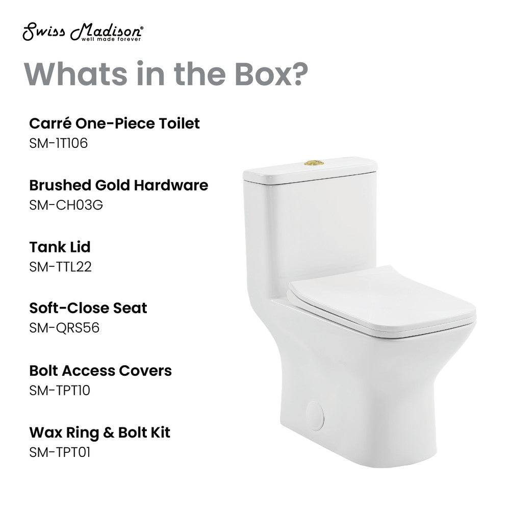 Swiss Madison Carre One Piece Square Toilet Dual Flush, Brushed Gold Hardware 1.1/1.6 gpf
