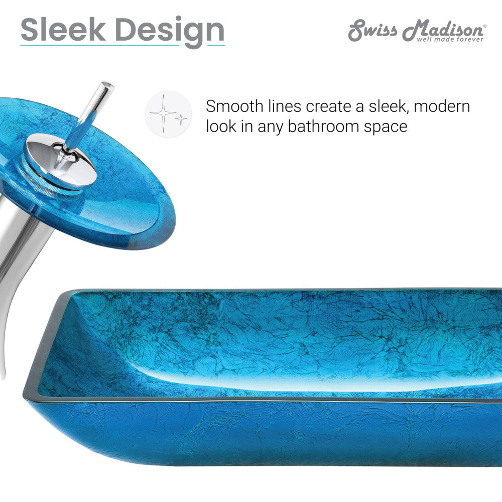 Swiss Madison Cascade Rectangular Glass Vessel Sink with Faucet, Ocean Blue